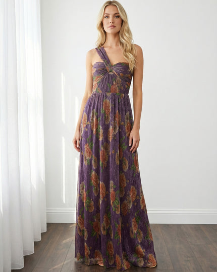 Floral Chiffon One Shoulder Pleated Maxi Wedding Guest Dresses