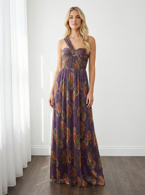 Floral Chiffon One Shoulder Pleated Maxi Wedding Guest Dresses