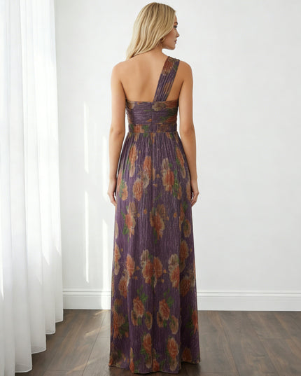 Floral Chiffon One Shoulder Pleated Maxi Wedding Guest Dresses