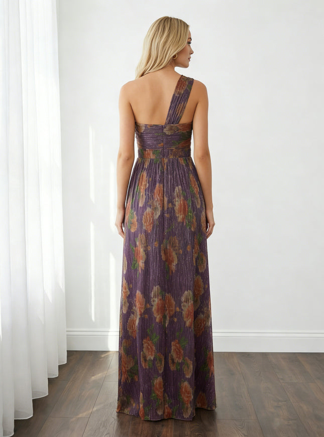 Floral Chiffon One Shoulder Pleated Maxi Wedding Guest Dresses
