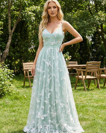 Tulle V Neck Pleated Long Bridesmaid Dresses with 3D Butterfly Appliques