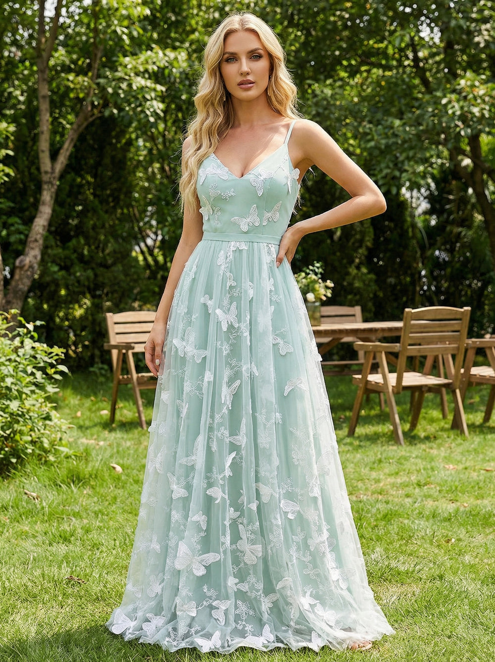 Tulle V Neck Pleated Long Bridesmaid Dresses with 3D Butterfly Appliques