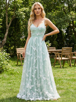 Tulle V Neck Pleated Long Bridesmaid Dresses with 3D Butterfly Appliques