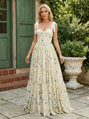 Chiffon Floral Sweetheart Pleated Long Wedding Guest Dresses