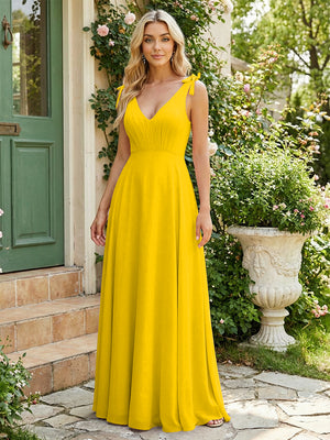 Chiffon V Neck Pleated Long Bridesmaid Dresses
