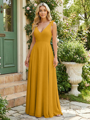 Chiffon V Neck Pleated Long Bridesmaid Dresses