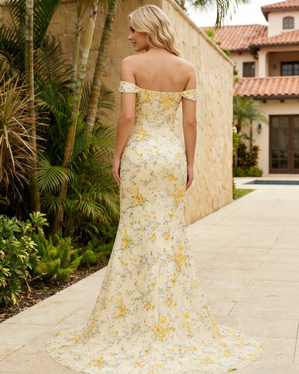 Sequin Tulle Floral Off Shoulder Maxi Formal Dresses with Slit