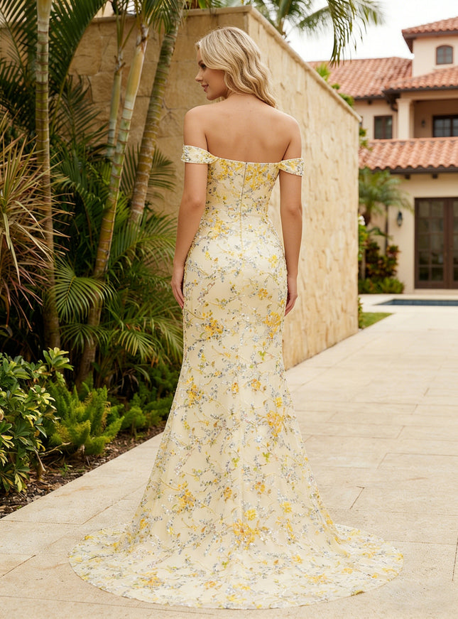 Sequin Tulle Floral Off Shoulder Maxi Formal Dresses with Slit