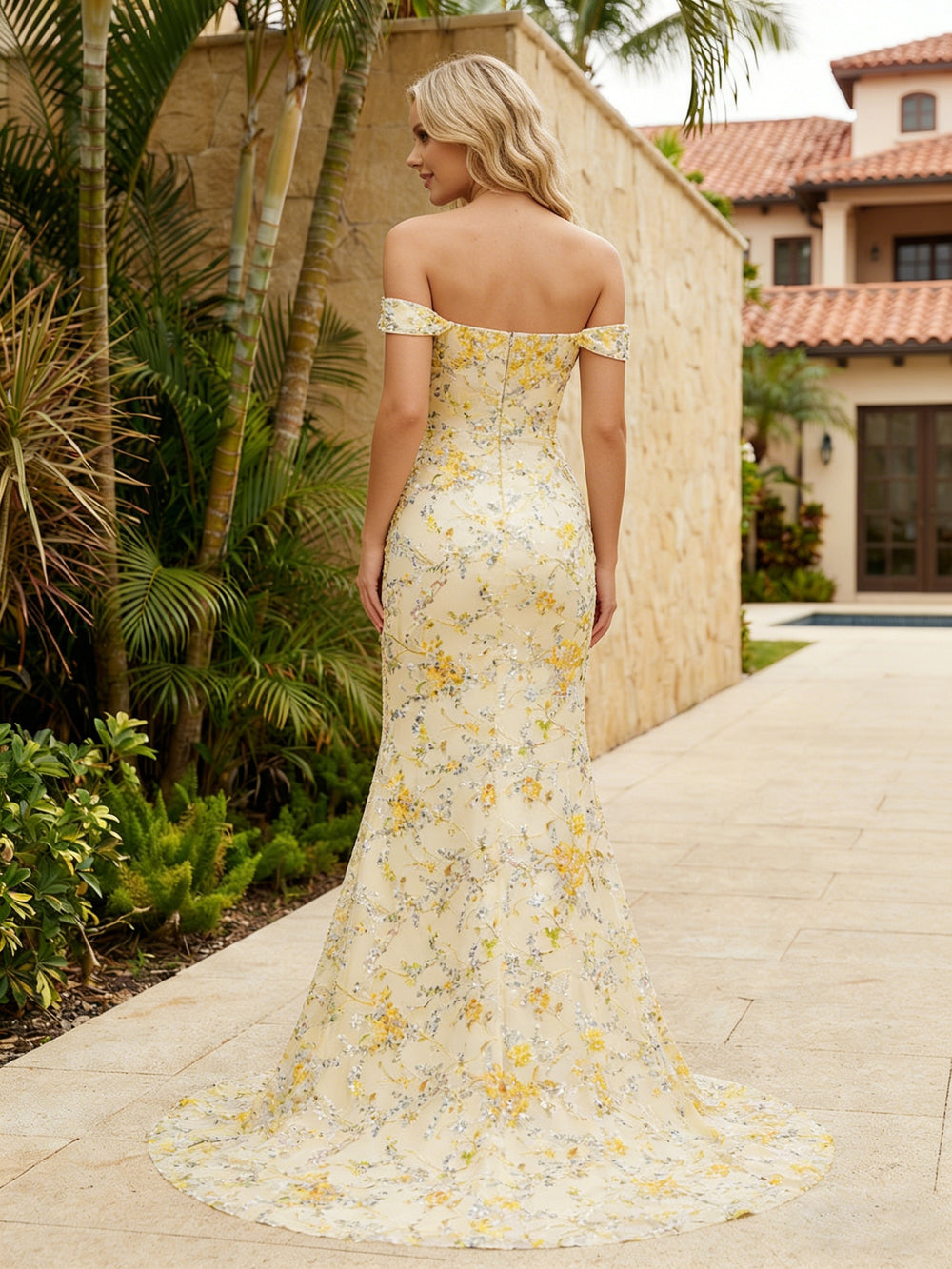 Sequin Tulle Floral Off Shoulder Maxi Formal Dresses with Slit