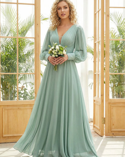 Chiffon V Neck Long Sleeves Pleated Bridesmaid Dresses