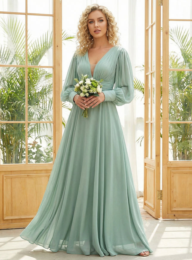 Chiffon V Neck Long Sleeves Pleated Bridesmaid Dresses