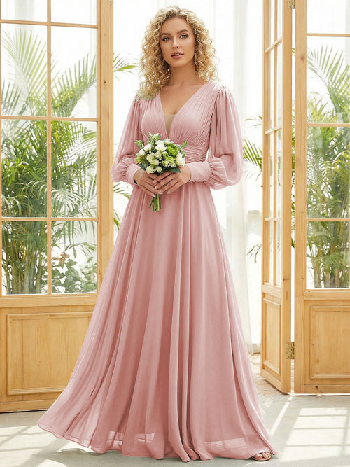 Chiffon V Neck Long Sleeves Pleated Bridesmaid Dresses