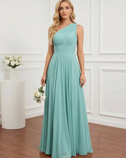 Chiffon One Shoulder Pleated Bridesmaid Dresses with Back Tie