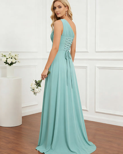 Chiffon One Shoulder Pleated Bridesmaid Dresses with Back Tie