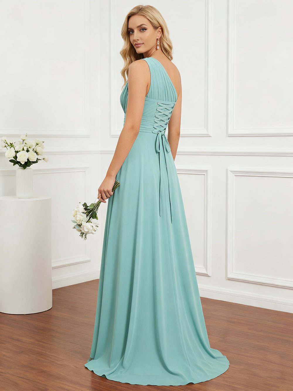Chiffon One Shoulder Pleated Bridesmaid Dresses with Back Tie