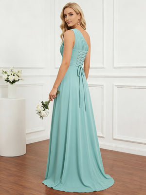 Chiffon One Shoulder Pleated Bridesmaid Dresses with Back Tie
