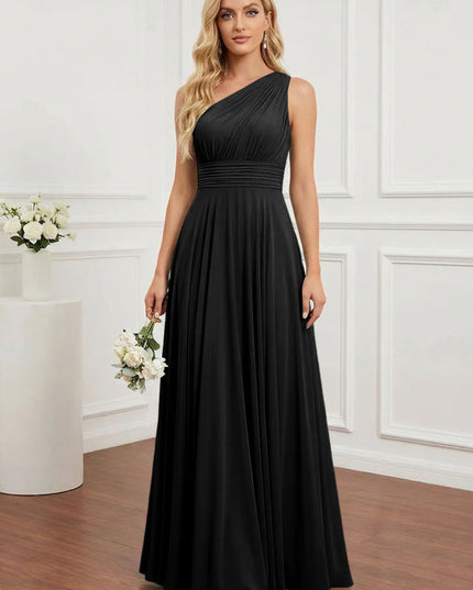 Chiffon One Shoulder Pleated Bridesmaid Dresses with Back Tie
