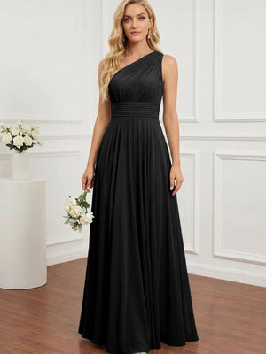 Chiffon One Shoulder Pleated Bridesmaid Dresses with Back Tie