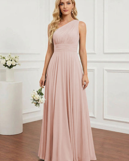 Chiffon One Shoulder Pleated Bridesmaid Dresses with Back Tie