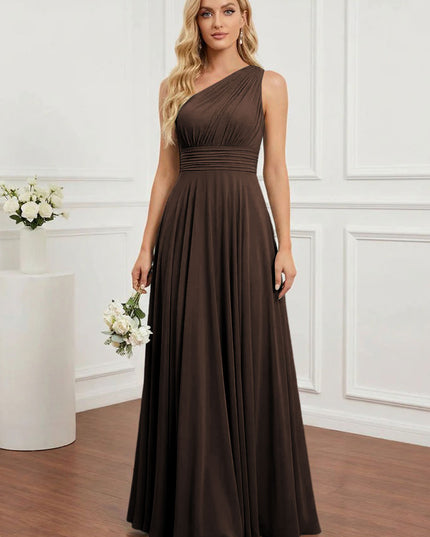 Chiffon One Shoulder Pleated Bridesmaid Dresses with Back Tie