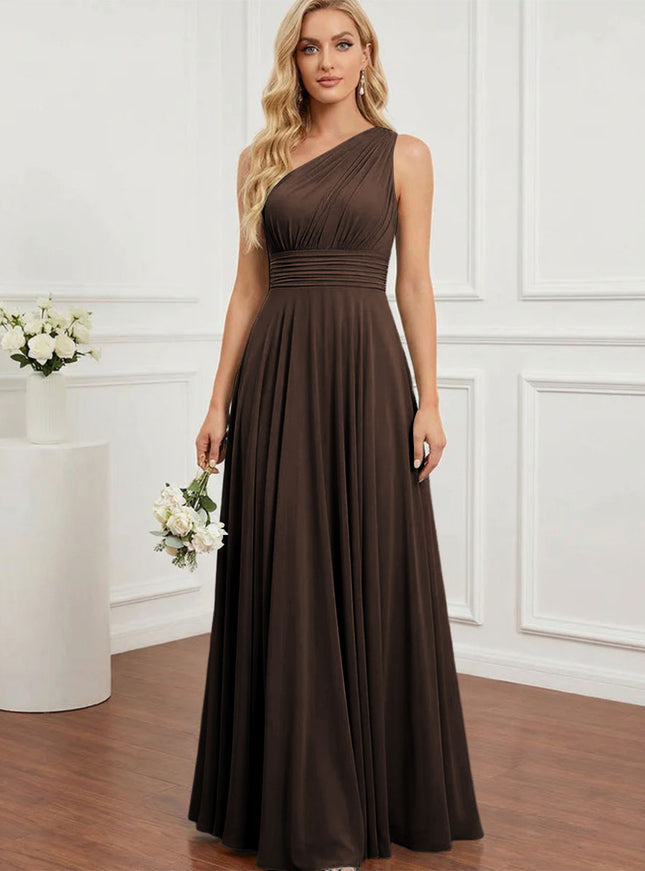 Chiffon One Shoulder Pleated Bridesmaid Dresses with Back Tie