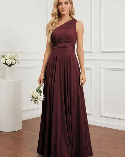 Chiffon One Shoulder Pleated Bridesmaid Dresses with Back Tie