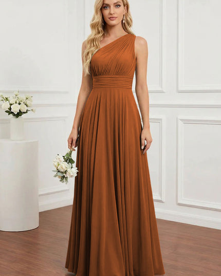 Chiffon One Shoulder Pleated Bridesmaid Dresses with Back Tie