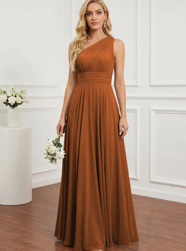Chiffon One Shoulder Pleated Bridesmaid Dresses with Back Tie