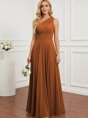 Chiffon One Shoulder Pleated Bridesmaid Dresses with Back Tie