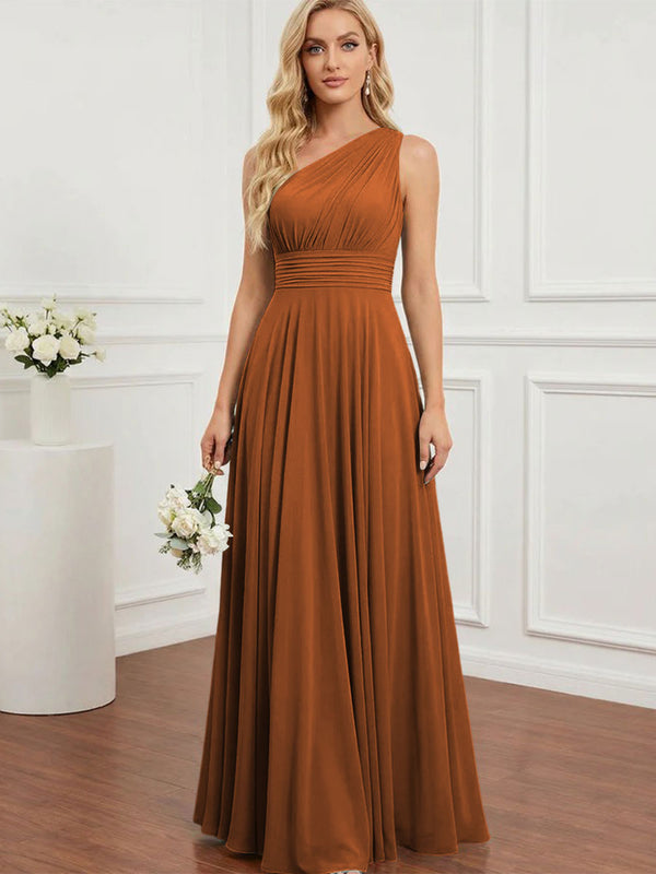 Chiffon One Shoulder Pleated Bridesmaid Dresses with Back Tie