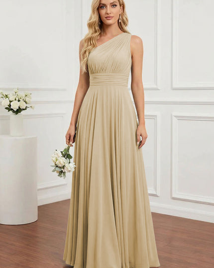 Chiffon One Shoulder Pleated Bridesmaid Dresses with Back Tie
