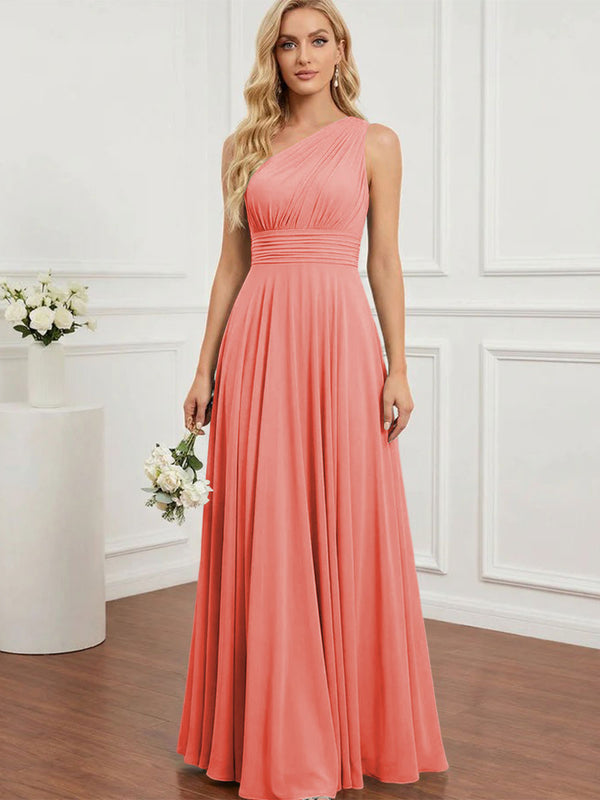 Chiffon One Shoulder Pleated Bridesmaid Dresses with Back Tie
