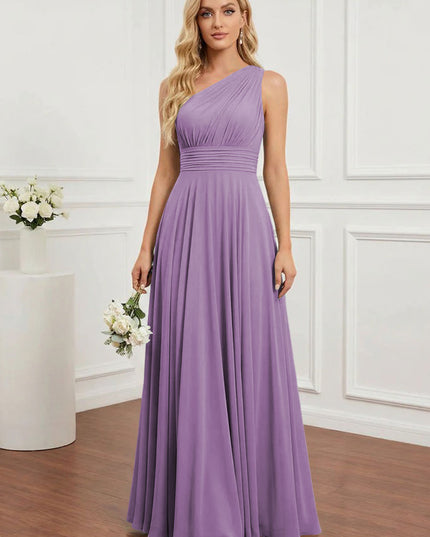 Chiffon One Shoulder Pleated Bridesmaid Dresses with Back Tie