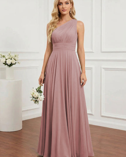 Chiffon One Shoulder Pleated Bridesmaid Dresses with Back Tie