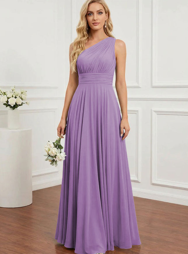 Chiffon One Shoulder Pleated Bridesmaid Dresses with Back Tie