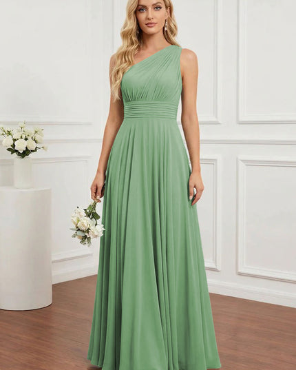 Chiffon One Shoulder Pleated Bridesmaid Dresses with Back Tie