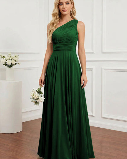 Chiffon One Shoulder Pleated Bridesmaid Dresses with Back Tie