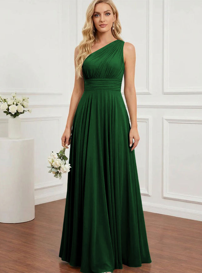Chiffon One Shoulder Pleated Bridesmaid Dresses with Back Tie