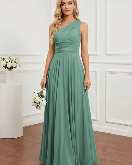 Chiffon One Shoulder Pleated Bridesmaid Dresses with Back Tie