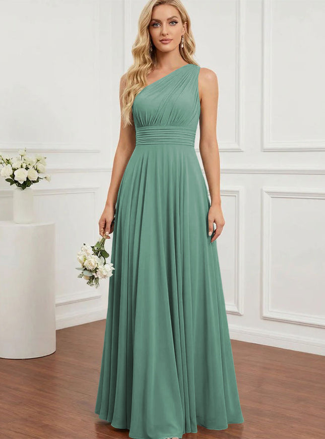 Chiffon One Shoulder Pleated Bridesmaid Dresses with Back Tie