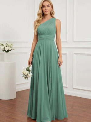 Chiffon One Shoulder Pleated Bridesmaid Dresses with Back Tie