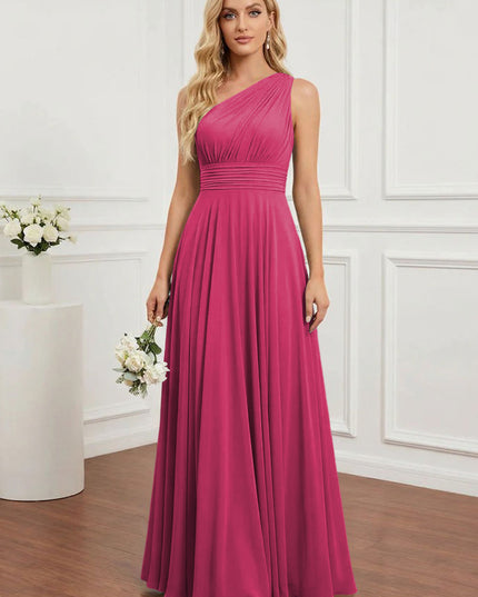 Chiffon One Shoulder Pleated Bridesmaid Dresses with Back Tie