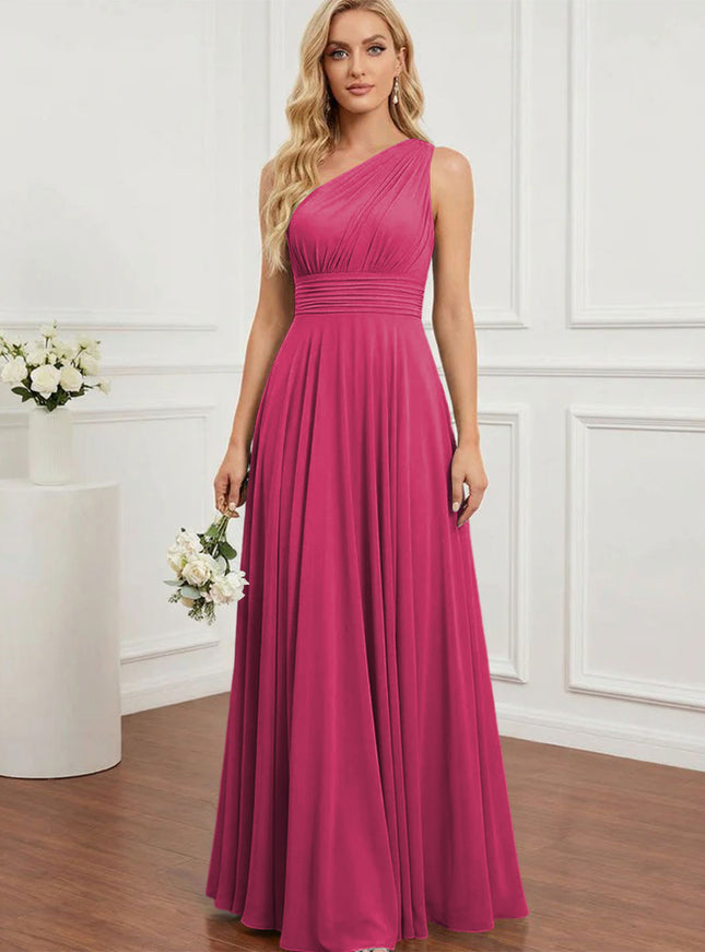 Chiffon One Shoulder Pleated Bridesmaid Dresses with Back Tie