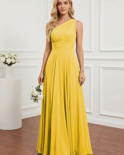 Chiffon One Shoulder Pleated Bridesmaid Dresses with Back Tie