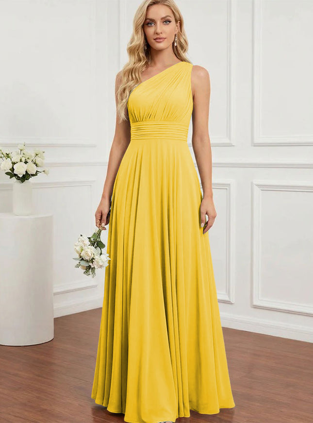 Chiffon One Shoulder Pleated Bridesmaid Dresses with Back Tie