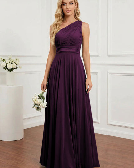 Chiffon One Shoulder Pleated Bridesmaid Dresses with Back Tie