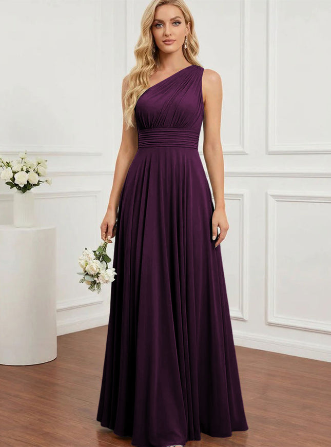 Chiffon One Shoulder Pleated Bridesmaid Dresses with Back Tie