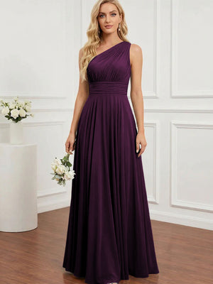 Chiffon One Shoulder Pleated Bridesmaid Dresses with Back Tie