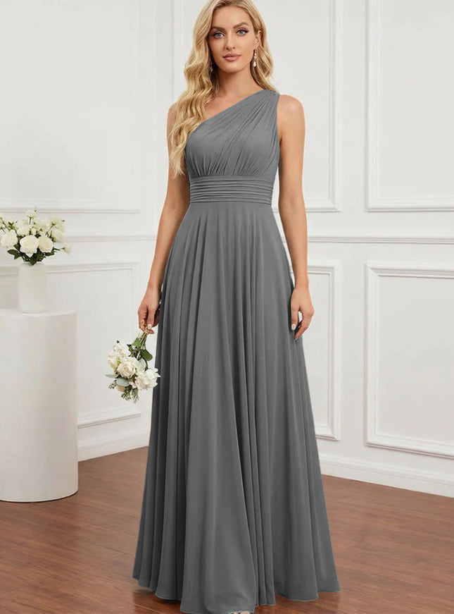 Chiffon One Shoulder Pleated Bridesmaid Dresses with Back Tie