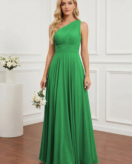 Chiffon One Shoulder Pleated Bridesmaid Dresses with Back Tie